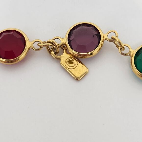 Swarovski Multi Color Crystal Bezel Set Gold Tone Long Necklace Red Green Purple - Picture 4 of 5